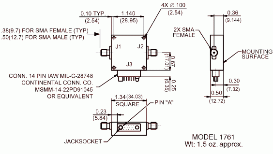 Model 1761 attenuator dimensions and weight diagram