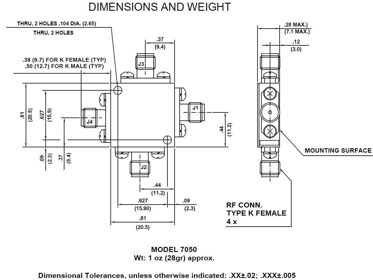 Model 7050 Quadrature Coupler dimensions and weight