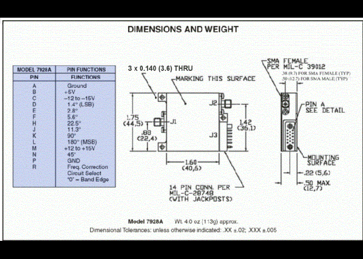 Model 7928A phase shifter/frequency translator dimensions and weights