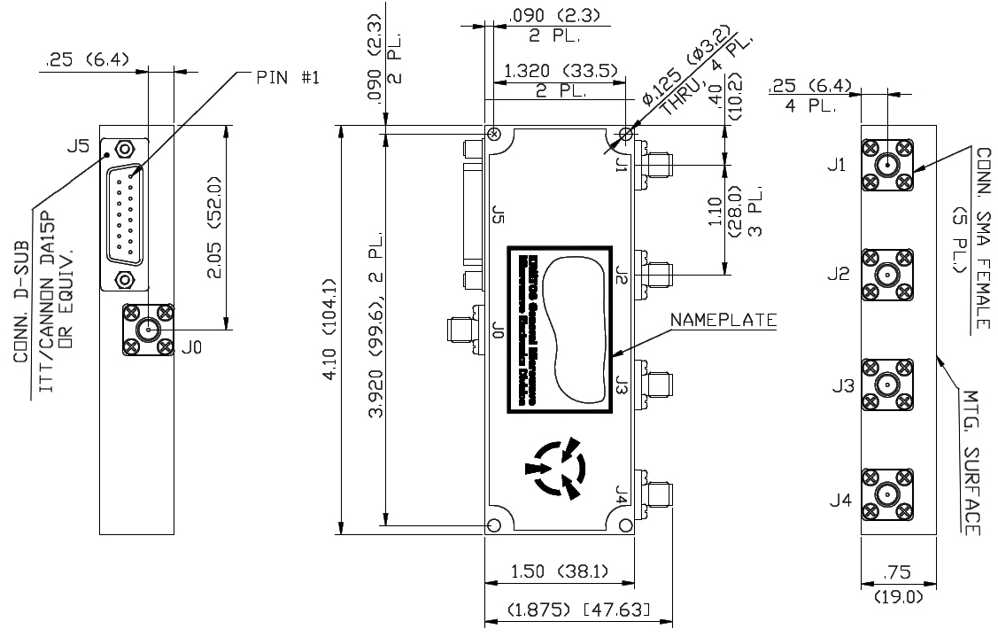 Dimensions and Weights for RF SP4T Switch Model 2600