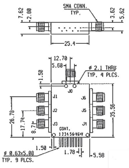 Dimensions and Weight for SP6T Switch Model FR-2260-UK