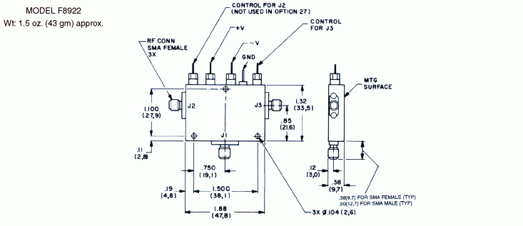 Dimensions and Weights for Model F8922 Octave Band Switch