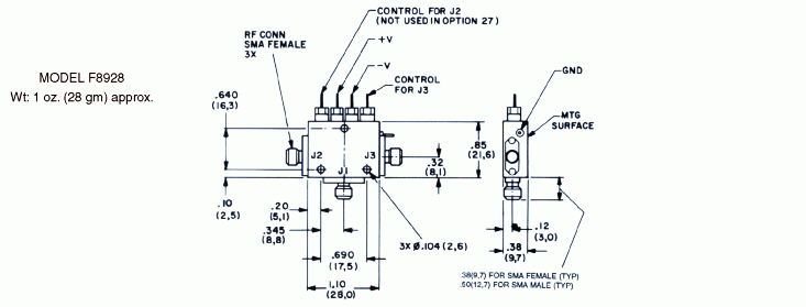 Dimensions and Weights for Model F8928 Octave Band Switch