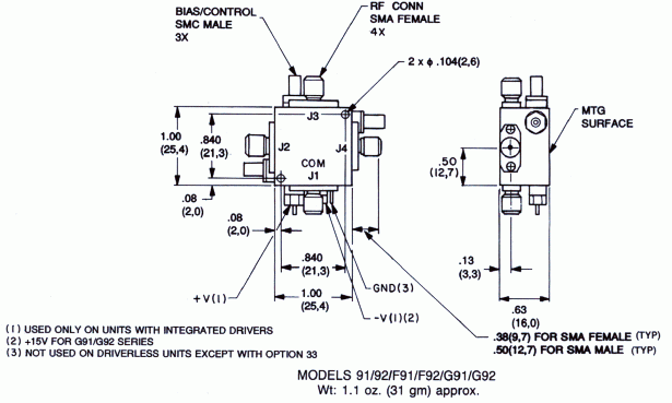 Dimensions and Weights for Series 91 and 92 SP3T Switches