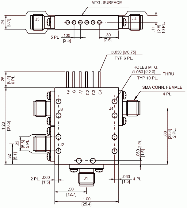 Dimensions and Weight for Hermetically Sealed SP3T Switches