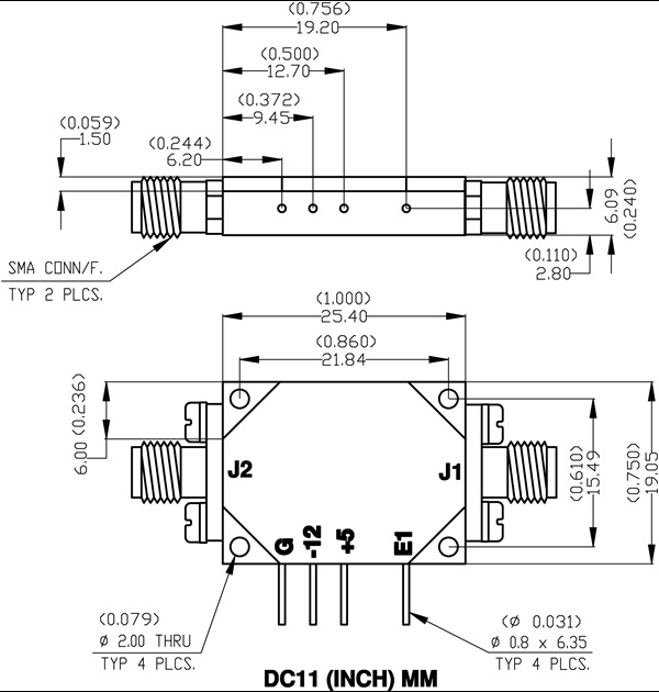Series SA-218 switched bit attenuator package type and dimensions