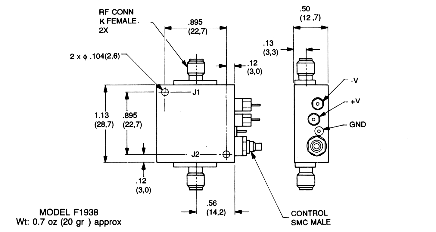 Model F1938 Bi-phase modulator dimensions and weights