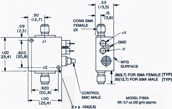 Model F192A Non-Reflective Switch Dimensions and Weight