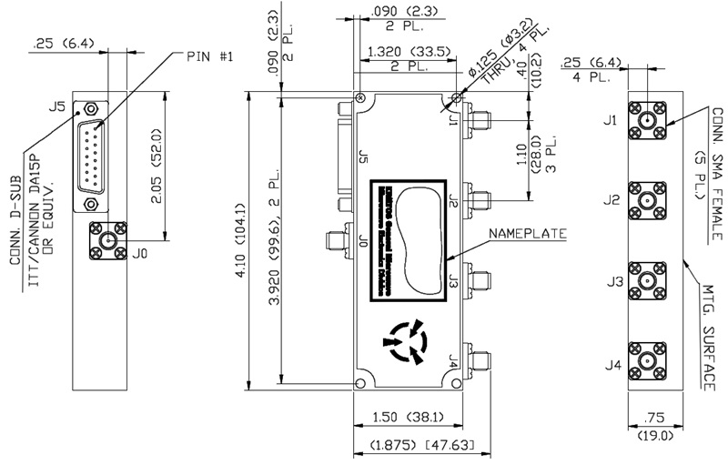Dimensions and Weights for RF SP4T Switch Model 2600