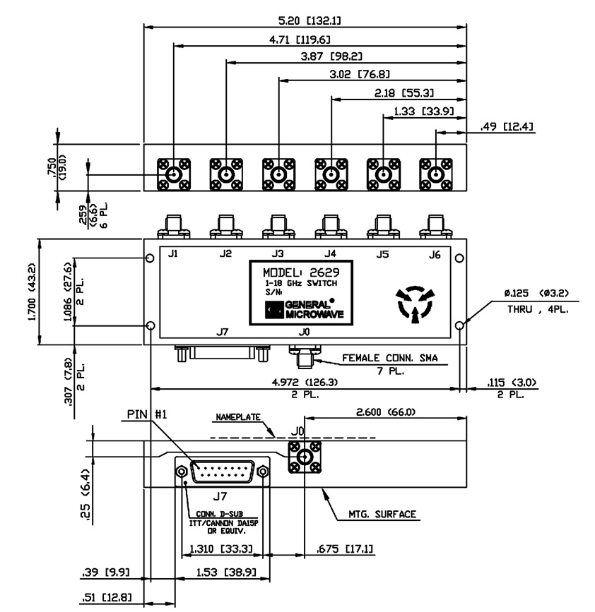 Model 2629 SP6T Switch Dimensions and Weights
