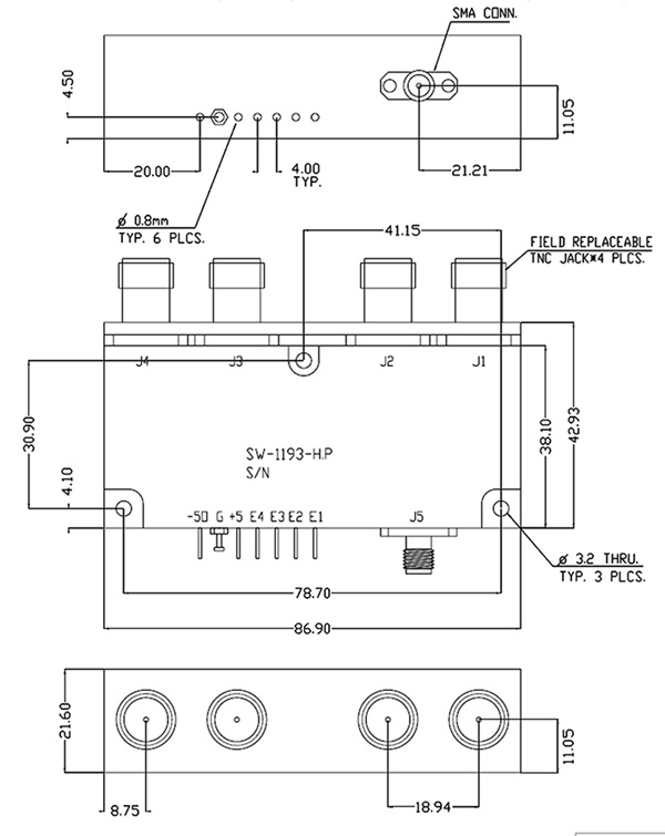 Dimensions and Weight, Model SW-1193-00 Medium Power Switch
