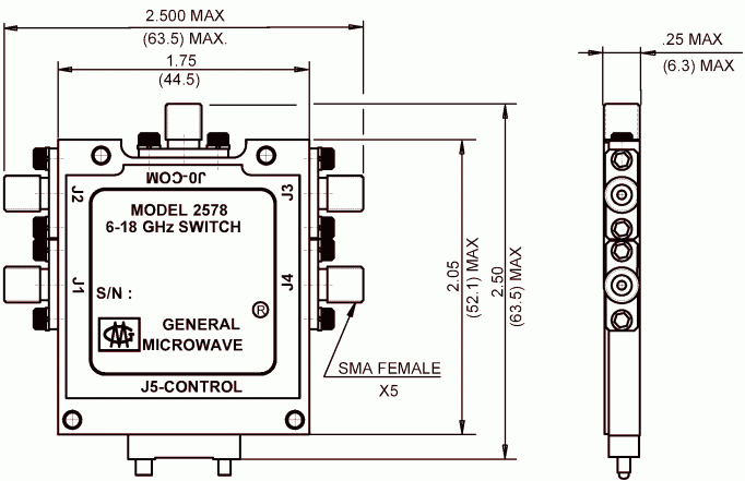 Model 2578 SP4T Switch Dimensions and Weights