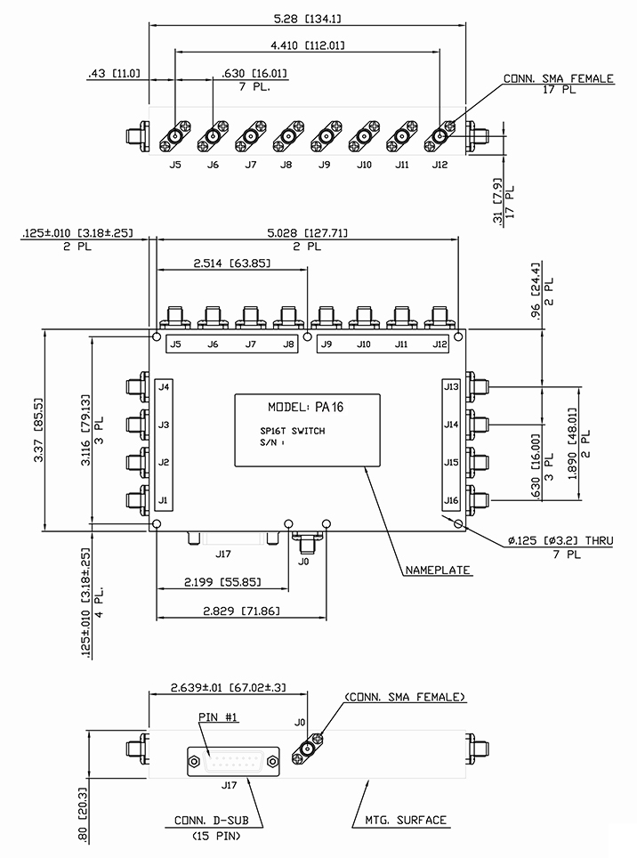 Dimensions and weight for PA16 Series SP16T Switch