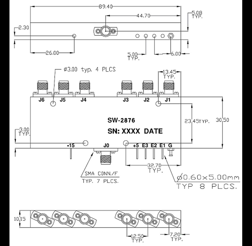 Dimensions and Weight for SP6T Switch Model SW-2876-06